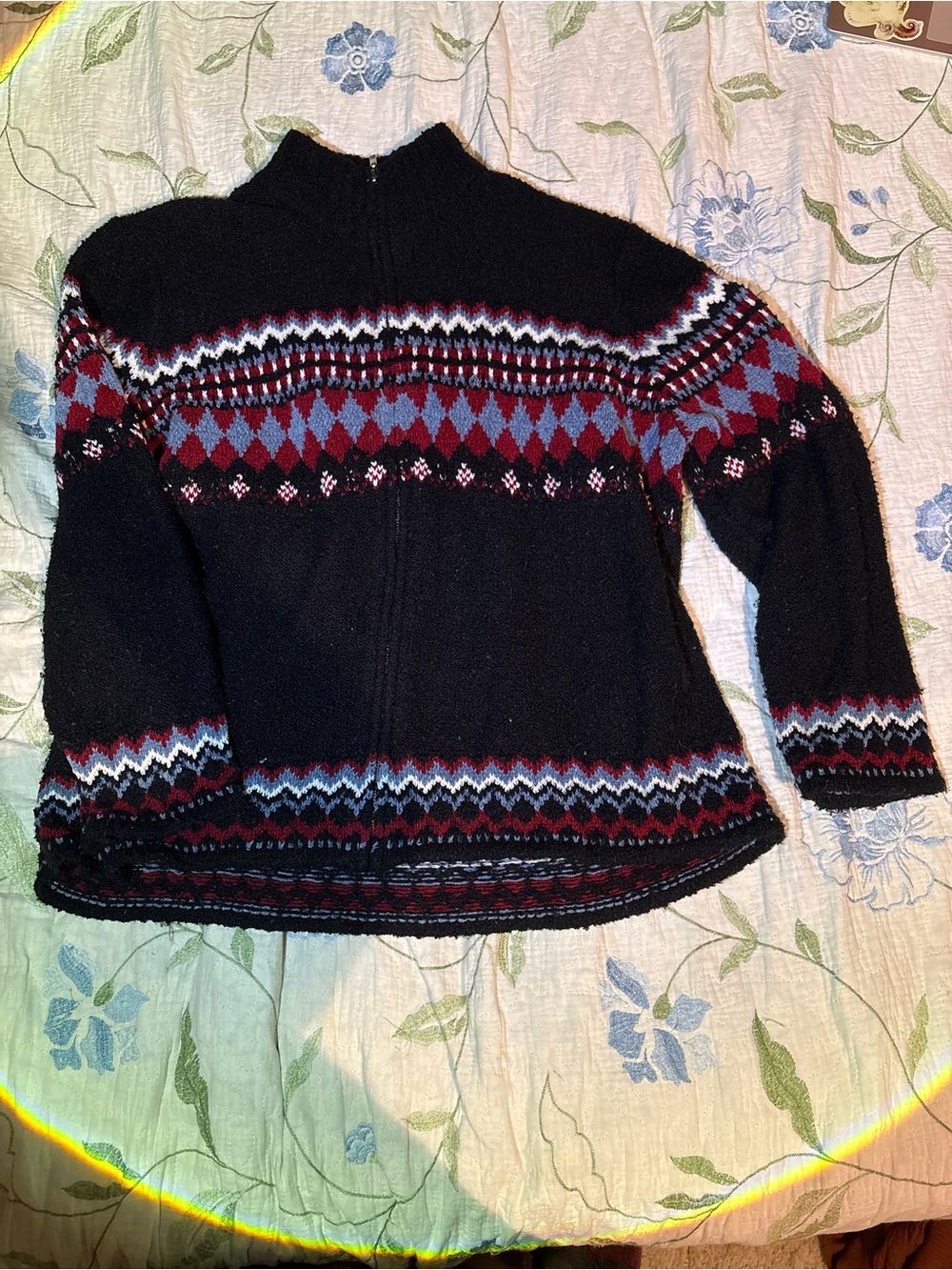 Van Heusen Black Zip-Up Turtleneck Sweater with Red and Light Blue Fair Isle